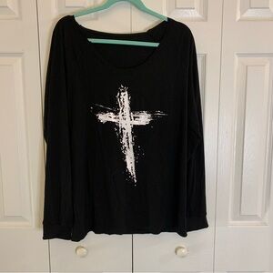 Black Long Sleeve Top with White Cross Design Size M